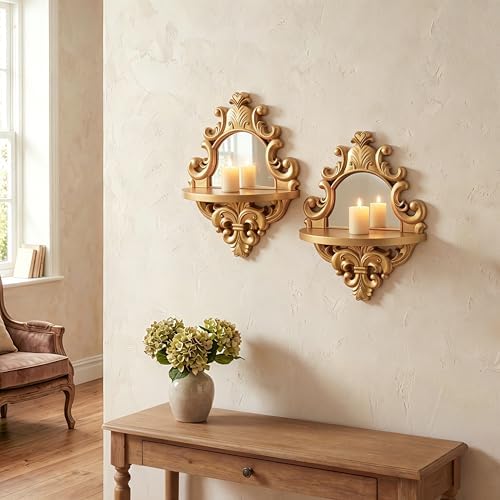 2 Set Vintage Candle Wall Sconce for Home Decor Living Room Bedroom Office Wood Antique Mirrored Victorian Mounted Candlestick Wall Holder Relief Hanging Decor -Gold 11.8in by sxnzequnze