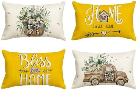 AVOIN colorlife Bless Our Home Farmhouse Eucalyptus Leaves Throw Pillow Covers, 12 x 20 Inch Yellow Truck Home Sweet Cushion Case Decorations Set of 4 by AVOINcolorlife