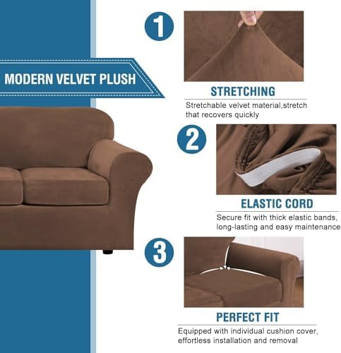 H.VERSAILTEX Real Velvet Plush 3 Piece Stretch Sofa Covers Couch Covers for 2 Cushion Couch Sofa Slipcovers Width Up to 90 Inch Thick Soft Stay in Place (Large Sofa, Caramel Cafe) - Image 3