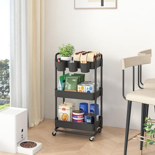 JIUYOTREE 3-Tier Plastic Rolling Storage Cart Utility Cart Black - Image 4