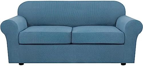 H.VERSAILTEX 3 Piece Stretch Sofa Covers for 2 Cushion Sofa Couch Covers for Living Room Furniture Cover (Base Cover Plus 2 Seat Cushion Covers) Thicker Jacquard Fabric(Large Sofa, Dusty Blue) by HVERSAILTEX