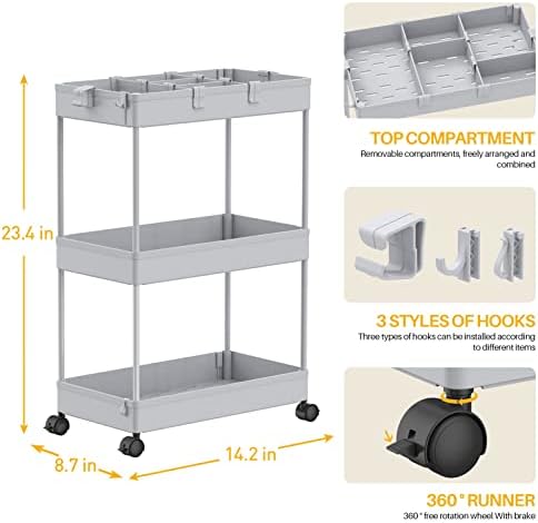 SPACELEAD 3 Tier Rolling Cart with Wheels, Storage Craft Art Trolley Organizer Serving, 3 Hanging Baskets Easy Assembly, for Office, Living Room, Kitchen, Gray - Image 3
