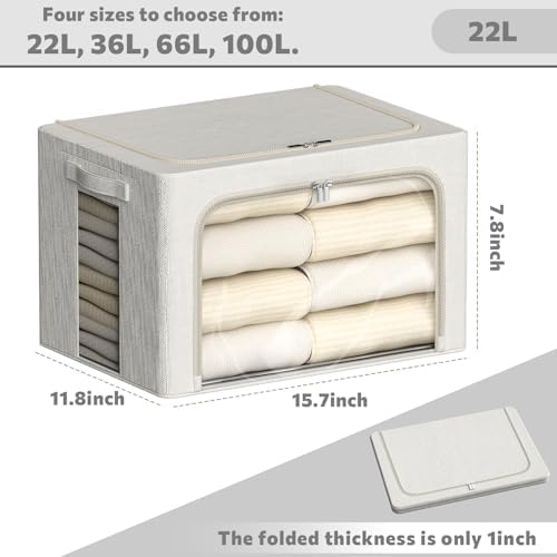 FHSQX 2 Pack Clear Window Storage Bins Large Stackable Linen Fabric Storage for Clothes Foldable Container Organizer Set with Carrying Handles (Lvory White, 15.7x 11.8x 7.8Inch) - Image 4