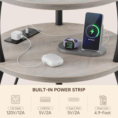 Round Side Table with Charging Station, USB Type C Port, Greige - Image 6