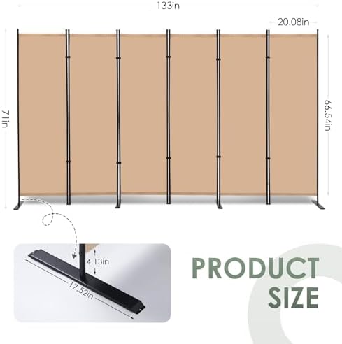 RANTILA 6 Panel Room Divider, 6 FT Folding Privacy Screen with Wide Feet, Freestanding Partition for Room Separation, Portable Room Divider Panel, 133" W x 71" H, Beige - Image 2