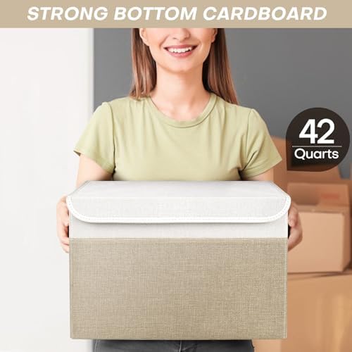 Bagnizer Large 42 Quarts Fabric Storage Bins with Lids [2-Pack] Linen Collapsible Foldable Baskets, Closet Organizer Containers boxes with Handles for Home Office (16.7 x 12 x 12, Beige & White) - Image 6