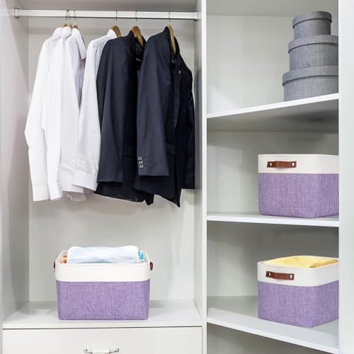 Bagnizer Storage Bins Large Fabric Storage Baskets for Shelves 3 Pack, Decorative Linen Closet Baskets with Handles for Organizing, Shelf, Clothes, Home, Office, 15x11x9.5Inches (Purple&White) - Image 2