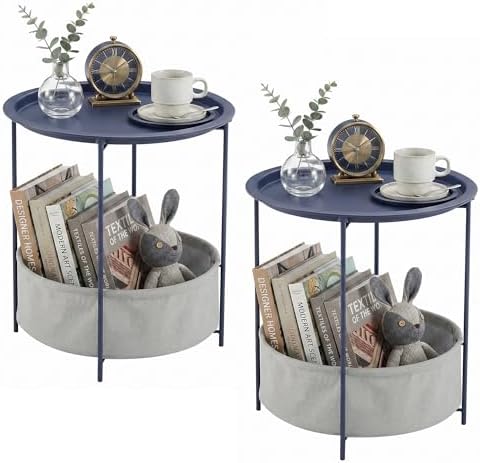 VECELO Round Side/End Table with Fabric Storage Basket，Metal Anti-Rust and Waterproof Small Bedside Nightstand with Removable Tray Top for Living Room，Balcony & Laundry，Blue /2pcs with Basket by VECELO