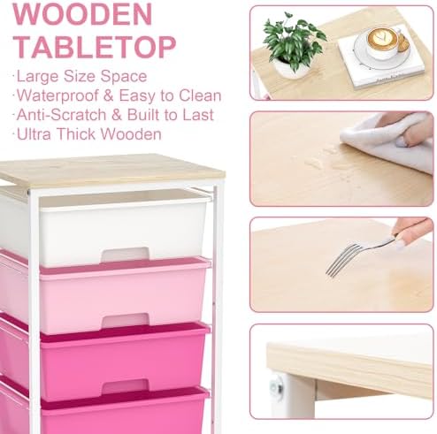 SYKIARIOL Rolling Cart with Drawers, 4-Drawer Utility Cart, Pink - Image 5