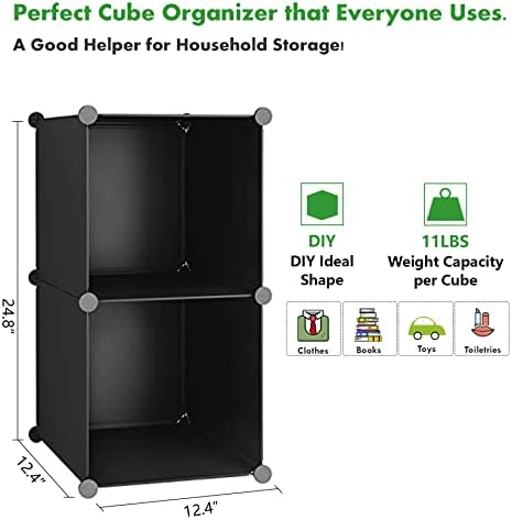 C&AHOME Modular Bookcase, 2-Cube Storage Organizer, Plastic Shelves, Black - Image 2
