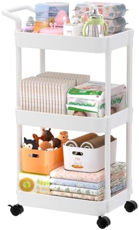 Volnamal Diaper Caddy, 3 Tier Rolling Cart for Baby Essentials, Off-White by Volnamal
