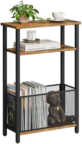 MMEOLUOOK Narrow Side Table with Storage Basket Skinny End Tables for Smalls Spaces 3 Tier Sofa Table Small Nightstand Slim Bedside Table for Living Room Bedroom Rustic Brown MLBZ22RB by MMEOLUOOK