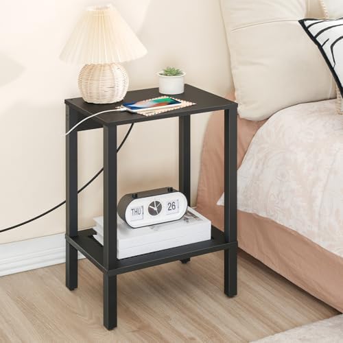 HOOBRO Side Table with Charging Station, End Table with USB Ports and Outlet, Nightstand with 2-Tier Storage Shelf, Faux Rattan Decoration, for Small Space, Black BK91UBZ01 - Image 2