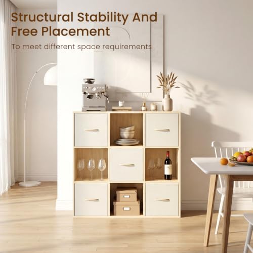 EXPERLAM 9 Cube Storage Organizer - Solid Wood Bookshelf with 5 Storage Bins, Cube Shelf with 3 Removable Back Panels, Vertical or Horizontal Bookcase, Open Book Shelf for Bedroom, Living Room, Office - Image 5