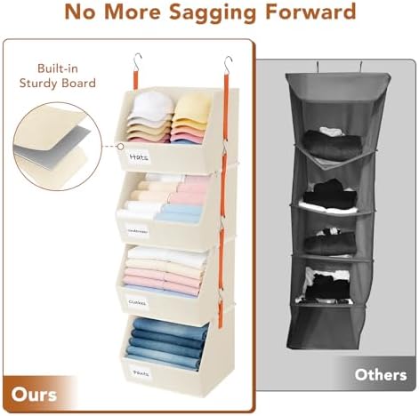 4 Pcs Modular Closet Organizer - Detachable & Foldable Hanging Storage Cubes, 88L Total Capacity, Heavy Duty Fabric Shelves for Wardrobe, Closet Organization, RV, Dorm, Beige - Image 4