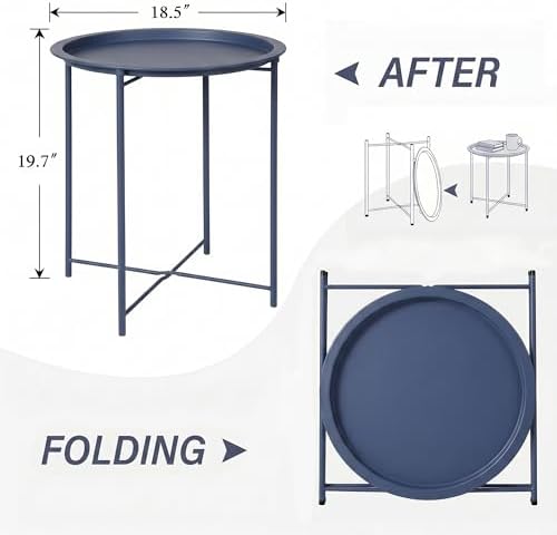VECELO Side/End Table, Folding Round Metal Anti-Rust and Waterproof Outdoor or Indoor Tray for Living Room Bedroom Balcony and Office, 1 PCS, Blue - Image 3