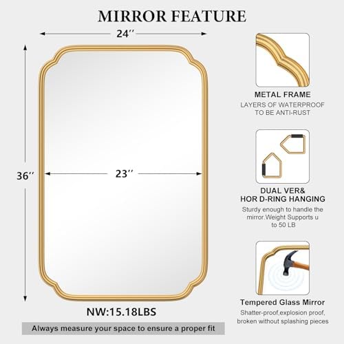 Ferytange Gold Bathroom Vanity Mirror for Wall 24" x 36" Modern Rounded Rectangle Mirror with Metal Framed Mirrors for Over Sink Wall Decorative (Horizontal/Vertical) - Image 4