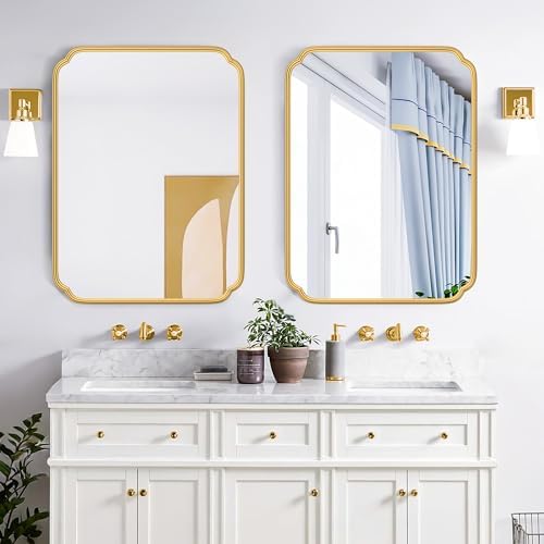 Ferytange 28"x36" Gold Bathroom Mirror with Rustproof Metal Frame, Modern Rounded Corner Wall Mirror for Vanity Over Sink, Horizontal/Vertical Hanging - Image 2