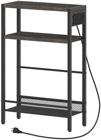 HOOBRO Small Narrow Side Table with Charging Station, Skinny End Table for Small Spaces, Slim Nightstand with USB Ports Outlet, Sofa Beside Table with Storage Shelf, Charcoal Black BC102UBZ01 by HOOBRO