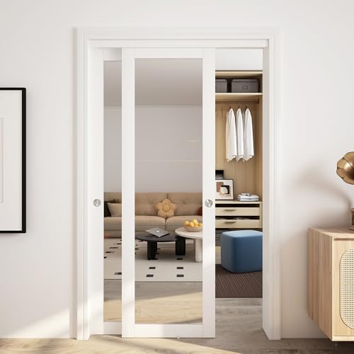 JUBEST 48" x 80" Mirror Closet Door, Preassembled One Side Mirror Door with Hardware Kit & Matching Fascia, Solid Wood Frame with Water-Proof PVC Surface, Easy to Install, White by JUBEST