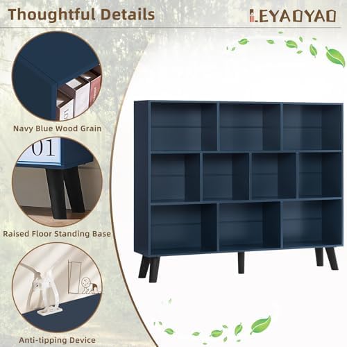 LEYAOYAO 10 Cube Bookshelf,Mid-Century Modern Bookcase with Legs,Dark Blue - Image 6