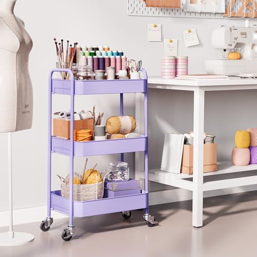 TOOLF 3 Tier Metal Rolling Cart, Utility Storage Cart with Wheels, Purple | Screwless Assembly, Lockable Metal Wheels, Trolley Organizer for Bathroom, Kitchen, Office, Dorm, Laundry, Craft Room - Image 6