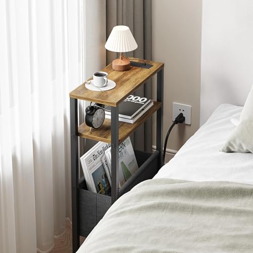Narrow Side Table with Charging Station Slim End Table Sofa with Magazine Rack, Bedside Table for Small Spaces, 3 Tier Nightstand for Living Room Couch, Bedroom Walnut Brown LET503BRE - Image 6