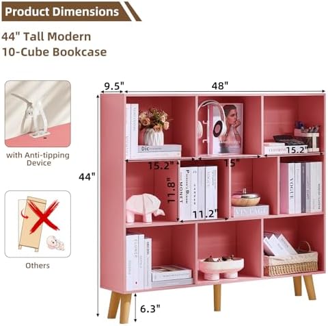 LEYAOYAO 10 Cube Bookshelf,Mid-Century Modern Bookcase with Legs,Light Pink - Image 2