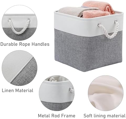 MidmmVick 12 x 12 Inch Cube Storage Bins, 6 Pack Large Collapsible Fabric Storage Bin with Ropes, Foldable Storage Cubes for Home, Office,Closet, Clothes, Toys Organizer (White & Grey) - Image 5