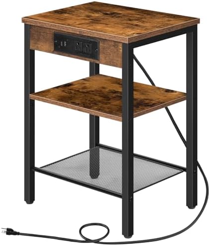 HOOBRO Side Table with Charging Station and USB Port, Small End Table for Small Space, 3-Tier Nightstand with Adjustable Shelf, for Living Room, Bedroom, Rustic Brown BF112BZ01 by HOOBRO