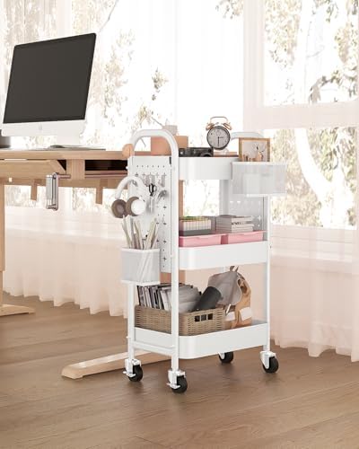 ALVOROG 3 Tier Metal Rolling Utility Cart with Pegboards,Baskets,Hook,White - Image 4