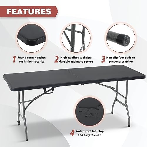 FDW | 6FT Folding Table | Black | Portable Plastic Table - Image 4