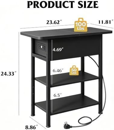 WLIVE 3-Tier End Table with Charging Station Flip Top Narrow Nightstand - Image 3
