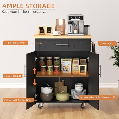 Shintenchi Kitchen Island cart with Storage, Portable Bar Cabinet on Wheels, Rolling Microwave Cart Side Table with Workstation for Kitchen, Dinning Room, Black - Image 5