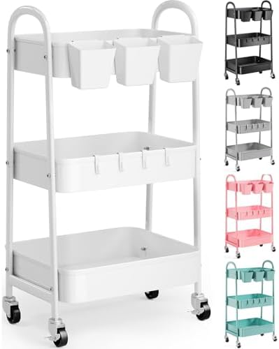 3 Tier Heavy Duty White Metal Rolling Cart with Lockable Wheels,Roller Cart by Recximi
