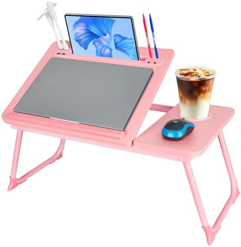 Laptop Bed Desk, Adjustable Lap Desk, Small Laptop Table with USB Charge Port, Desktop Card &Pen Slot, Cup Holder, Foldable Bed Tray Table for Couch Sofa Chair Floor Eating Working by CSYY