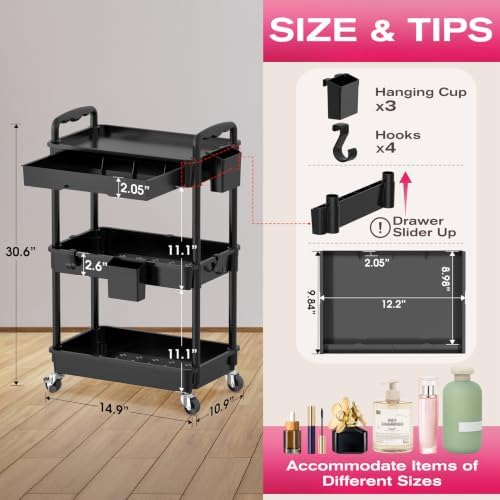 Goovilla Rolling Makeup Organizer Cart with Removable Drawer, 3 Tier Black - Image 2