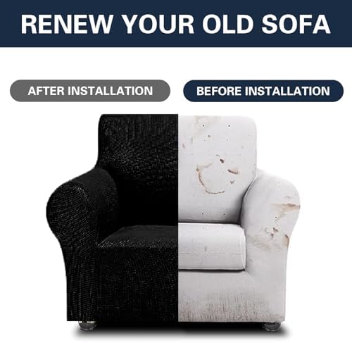 Cupuamon 2026 New Stretch Chair Sofa Slipcovers Couch Cover for 1 Seater Furniture Protector Sofa Covers with Elastic Bottom Jacquard Fabric Small Checks for Pets, Kids - Black - Image 5