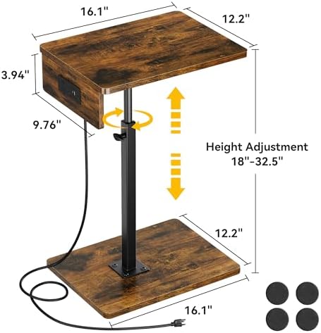 C Shaped End Table with Charging Station, Adjustable Height C Table End Table, 360°Swivel TV Tray Table for Small Spaces, Rounded Corners Couch Table, Side Tables Living Room for Sofa,Chair,Snack,Bed - Image 3