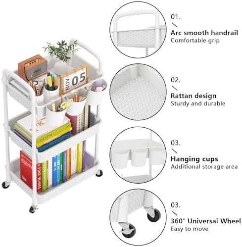MOYIPIN 3-Tier Plastic Rolling Utility Cart with Handle,White - Image 5