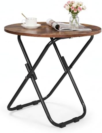 VECELO 17.7" Small Folding Table, Round Patio Outdoor Side Snack Table, Waterproof Foldable Wood End Table with Anti-Rust Metal Legs for Living Room Bedroom Garden Yard Balcony Porch by VECELO