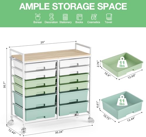 TOOLF 12 Drawers Rolling Storage Cart with Wooden Top for Classroom,Green - Image 3