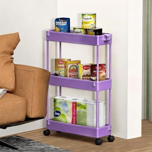 SPACELEAD Slim Storage Cart 3 Tier,Bathroom Organizer Rolling Utility,Mobile Shelving Unit Slide Out for Office, Kitchen, Laundry Room & Narrow Places,Purple - Image 7