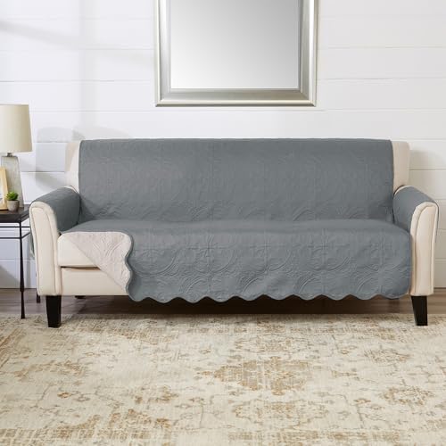 Great Bay Home Reversible Sofa Cover - Washable Slipcover Furniture Protector with Elastic Straps - Perfect for Kids & Pets - Quilted & Stitched Detail (Mirage Gray/Flax) by GreatBayHome