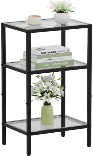 Glass Side Table, Tempered Glass End Table, 3-Tier Nightstands with Open Shelves, Small Coffee Table with Modern Style, Accent Table Small Table Sofa Table for Living Room, Bedroom, Black by HOME