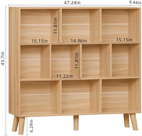 LEYAOYAO 10 Cube Bookshelf, Mid-Century Modern Book Shelf with Legs,Natural - Image 3