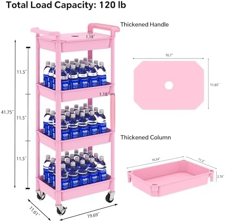 STEEHOOM Utility cart with Tabletop 4 Tier Rolling Cart Organizer with Wheels Movable Storage Cart for Office, Living Room, Kitchen, Craft Room, Pink - Image 2