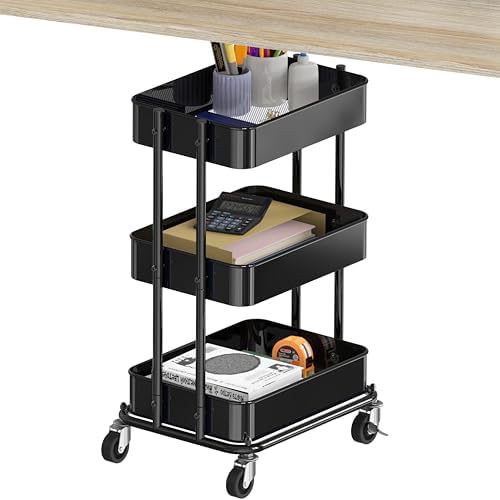 Simple Houseware 3-Tier Utility Cart, Low 24" Height Fits Under Desk, Black by SimpleHouseware