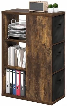 Furinno Viola Book Shelf, 3-Tier Bookshelf, Cube Storage Organizer Bookcase with Open Shelf, with Storage Bins, 13.6 x 29.3 x 43.8, for Living Room, Bedroom, Home Office, Amber Pine/Black by Furinno-FitsYourSpaceFitsYourBudget