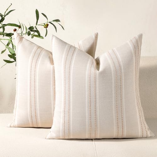 Hckot Linen Throw Pillow Covers 16x16 Set of 2 Khaki Striped Pillow Covers by Hckot